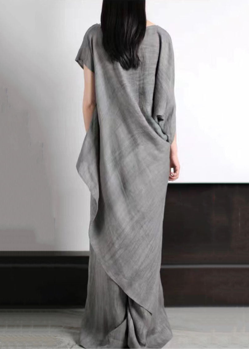 Unique Grey O-Neck Asymmetrical Patchwork Linen Women Sets 2 Pieces Summer LY5174 - fabuloryshop