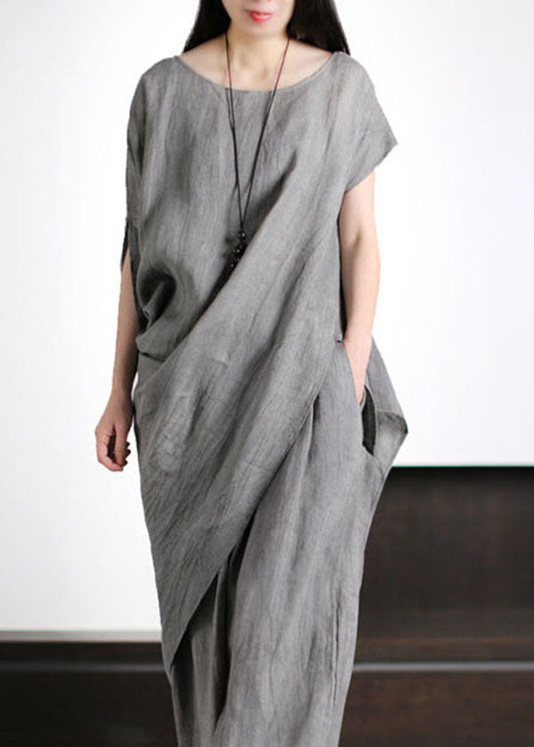 Unique Grey O-Neck Asymmetrical Patchwork Linen Women Sets 2 Pieces Summer LY5174 - fabuloryshop