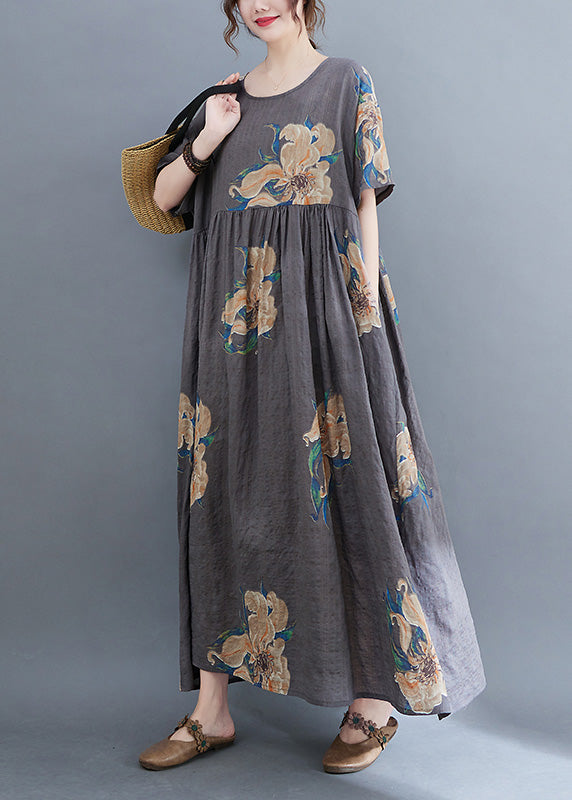 Unique Grey O-Neck Print Patchwork Robe Dresses Summer Ada Fashion