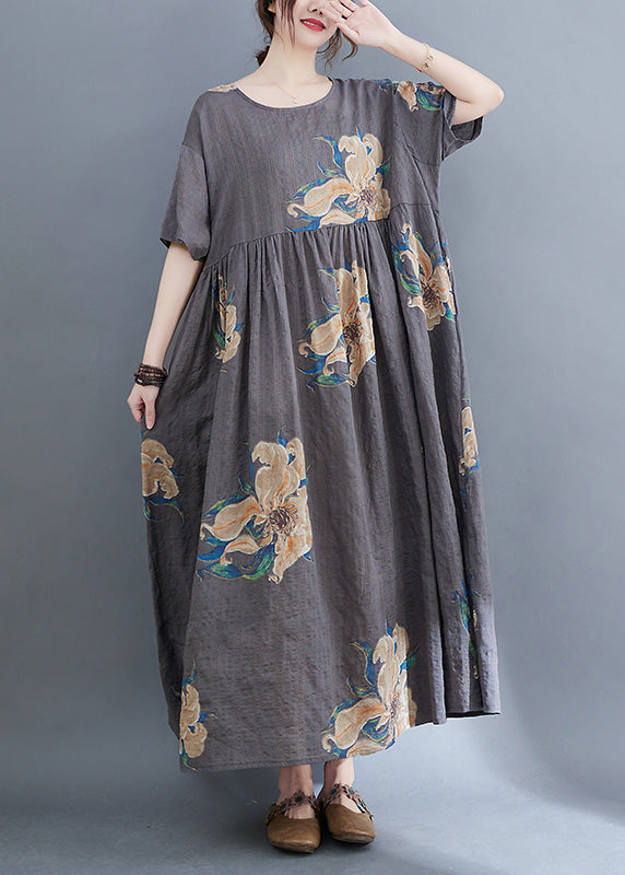 Unique Grey O-Neck Print Patchwork Robe Dresses Summer Ada Fashion