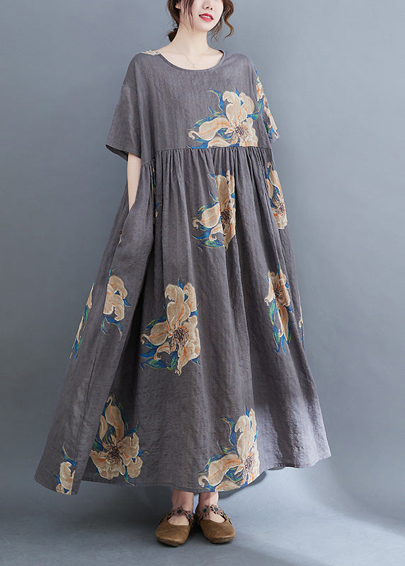 Unique Grey O-Neck Print Patchwork Robe Dresses Summer Ada Fashion