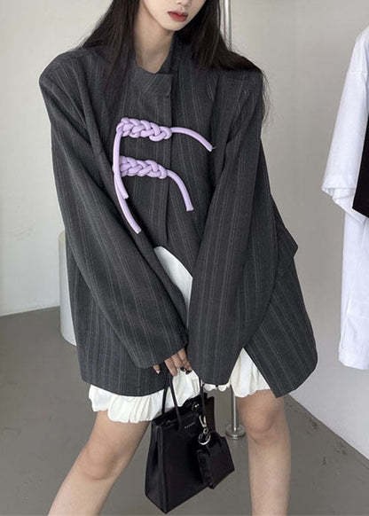 Unique Grey Stand Collar Striped Patchwork Cotton Coats Spring LY0769 - fabuloryshop