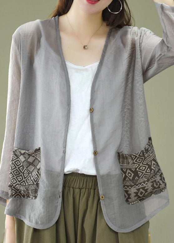 Unique Grey V Neck Print Patchwork Linen Loose Cardigans Coat Summer LY3982 - fabuloryshop