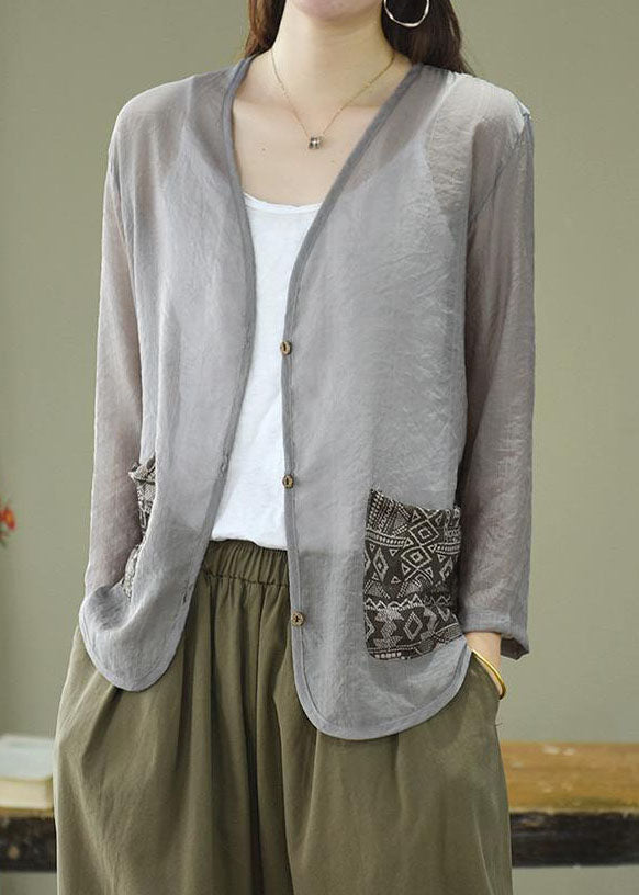 Unique Grey V Neck Print Patchwork Linen Loose Cardigans Coat Summer LY3982 - fabuloryshop