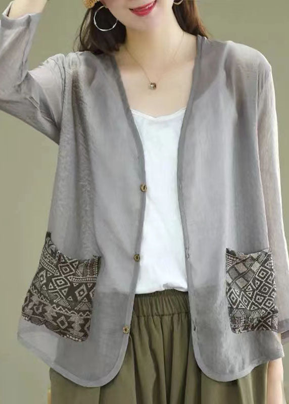 Unique Grey V Neck Print Patchwork Linen Loose Cardigans Coat Summer LY3982 - fabuloryshop