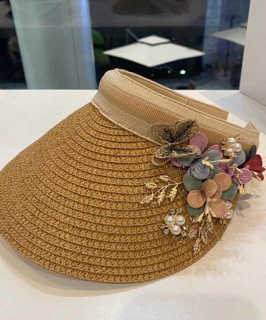Unique Khaki Floral Straw Woven Floppy Sun Hat LY519