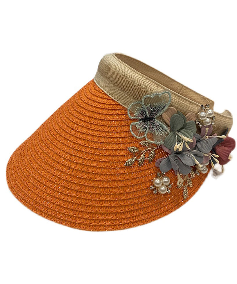 Unique Khaki Floral Straw Woven Floppy Sun Hat LY519