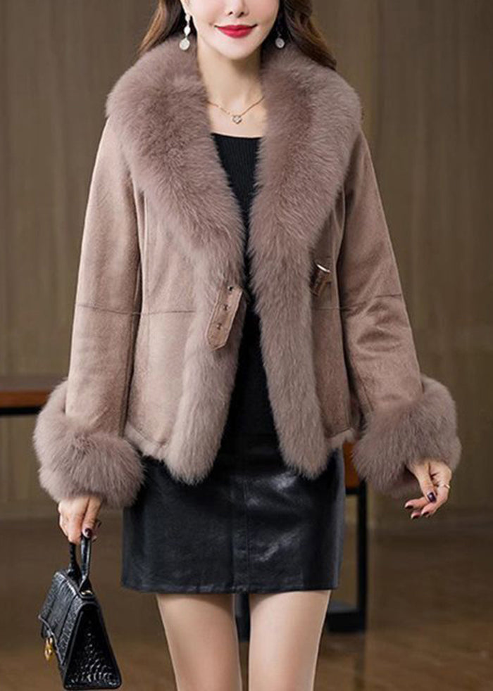 Unique Khaki Fox Collar Silm Fit Fuzzy Rabbit Leather And Fur Coats Winter Ada Fashion