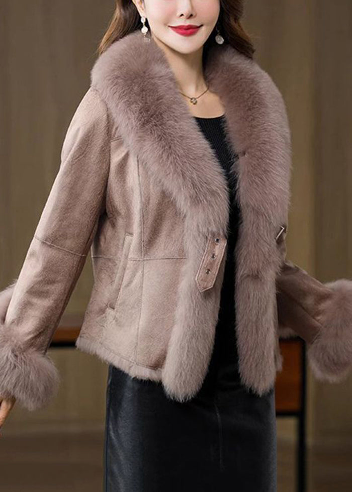 Unique Khaki Fox Collar Silm Fit Fuzzy Rabbit Leather And Fur Coats Winter Ada Fashion