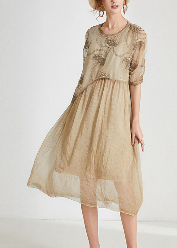 Unique Khaki O-Neck Cozy Chiffon Maxi Dress Short Sleeve Ada Fashion