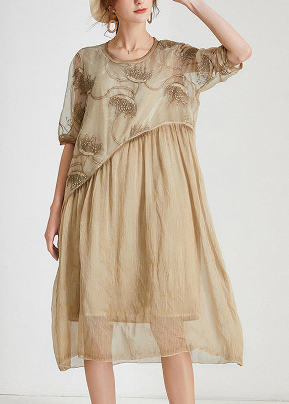 Unique Khaki O-Neck Cozy Chiffon Maxi Dress Short Sleeve Ada Fashion