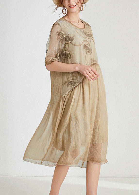 Unique Khaki O-Neck Cozy Chiffon Maxi Dress Short Sleeve Ada Fashion