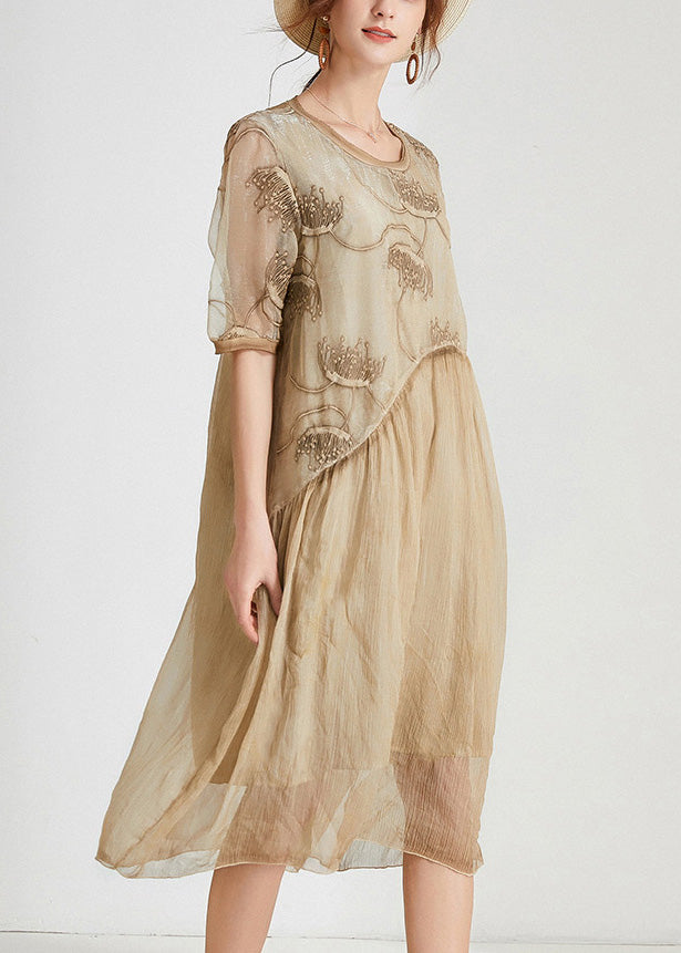 Unique Khaki O-Neck Cozy Chiffon Maxi Dress Short Sleeve Ada Fashion