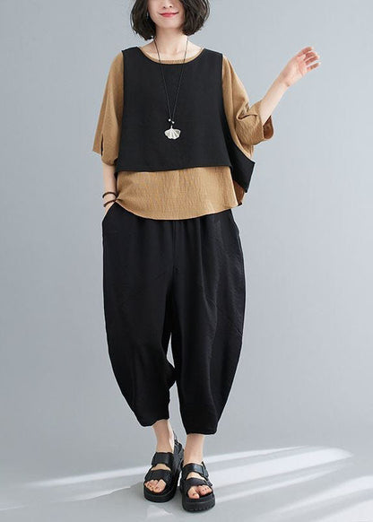 Unique Khaki O-Neck Patchwork Cotton Tops And Pants Pieces Set Summer LY0625 - fabuloryshop