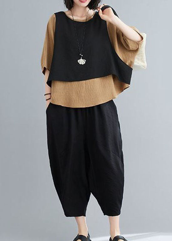 Unique Khaki O-Neck Patchwork Cotton Tops And Pants Pieces Set Summer LY0625 - fabuloryshop