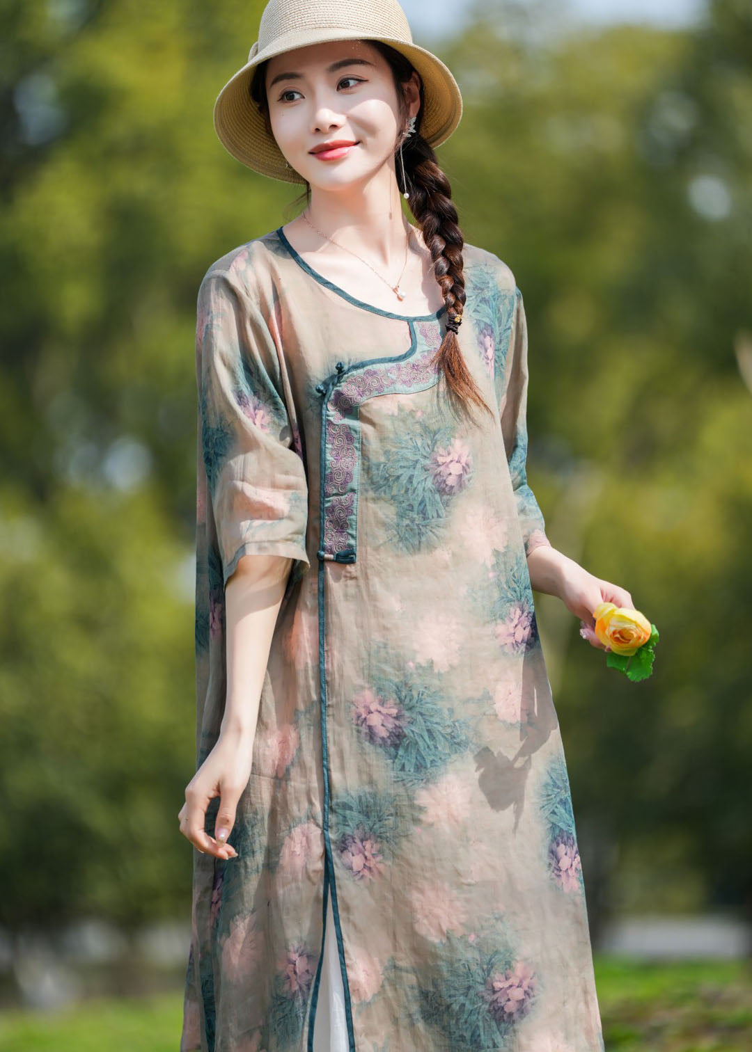 Unique Khaki O-Neck Print Patchwork Linen Mid Dresses Summer LY2495 - fabuloryshop