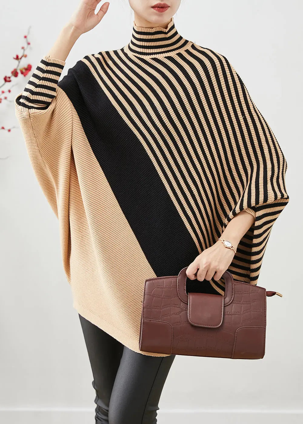 Unique Khaki Oversized Patchwork Striped Knit Sweater Tops Winter Ada Fashion