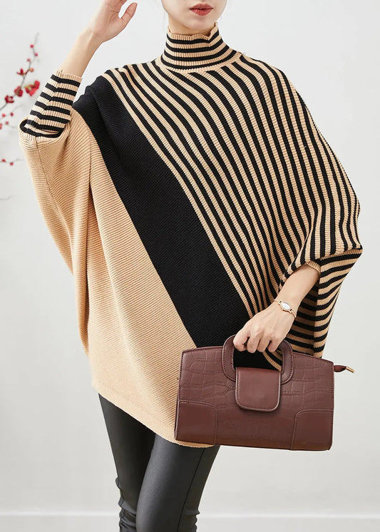 Unique Khaki Oversized Patchwork Striped Knit Sweater Tops Winter Ada Fashion
