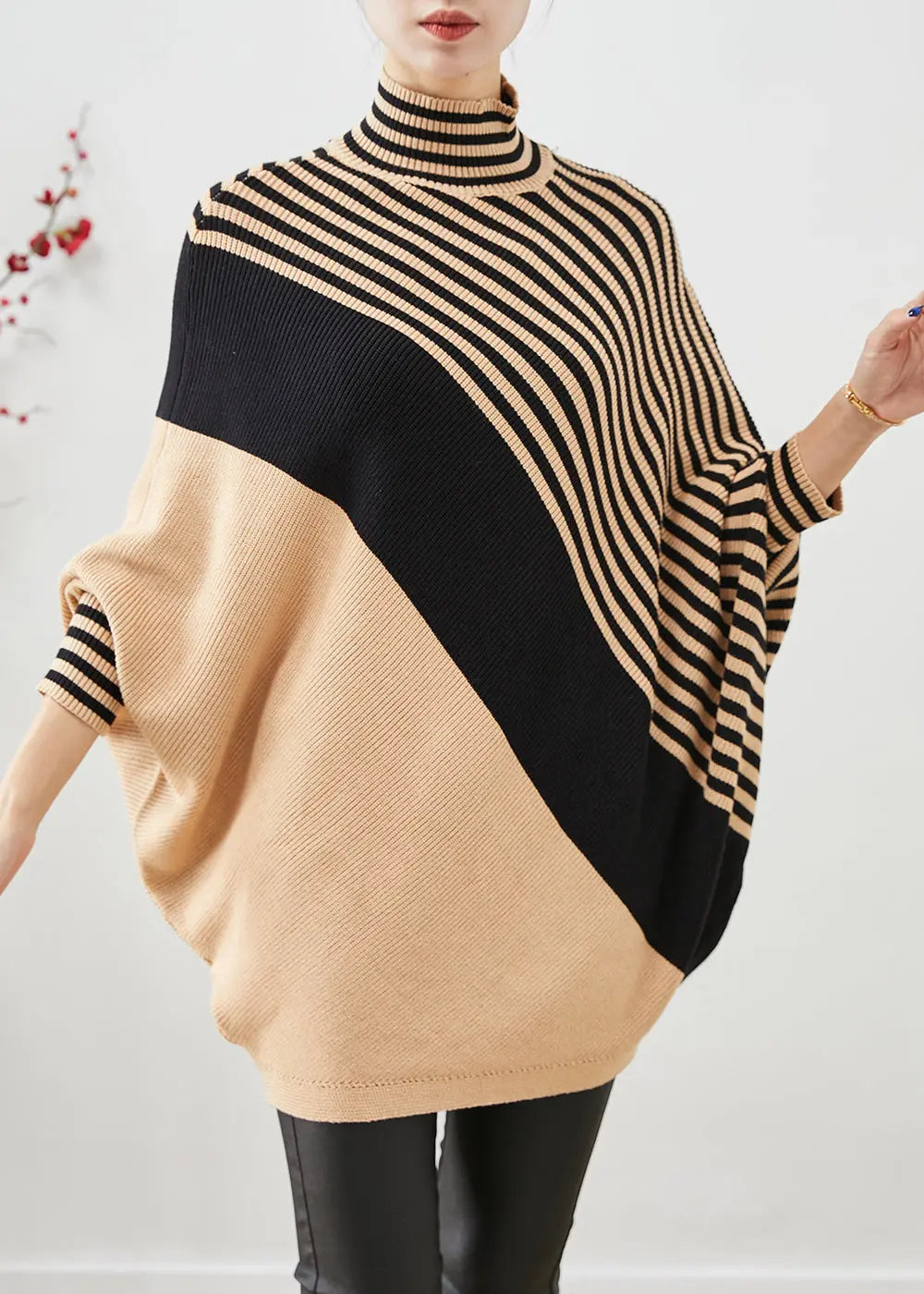 Unique Khaki Oversized Patchwork Striped Knit Sweater Tops Winter Ada Fashion