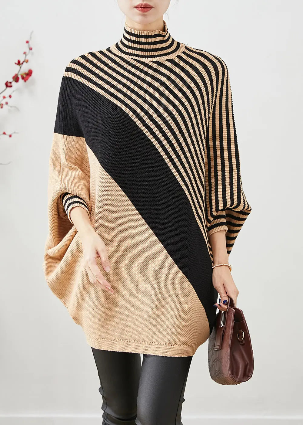 Unique Khaki Oversized Patchwork Striped Knit Sweater Tops Winter Ada Fashion