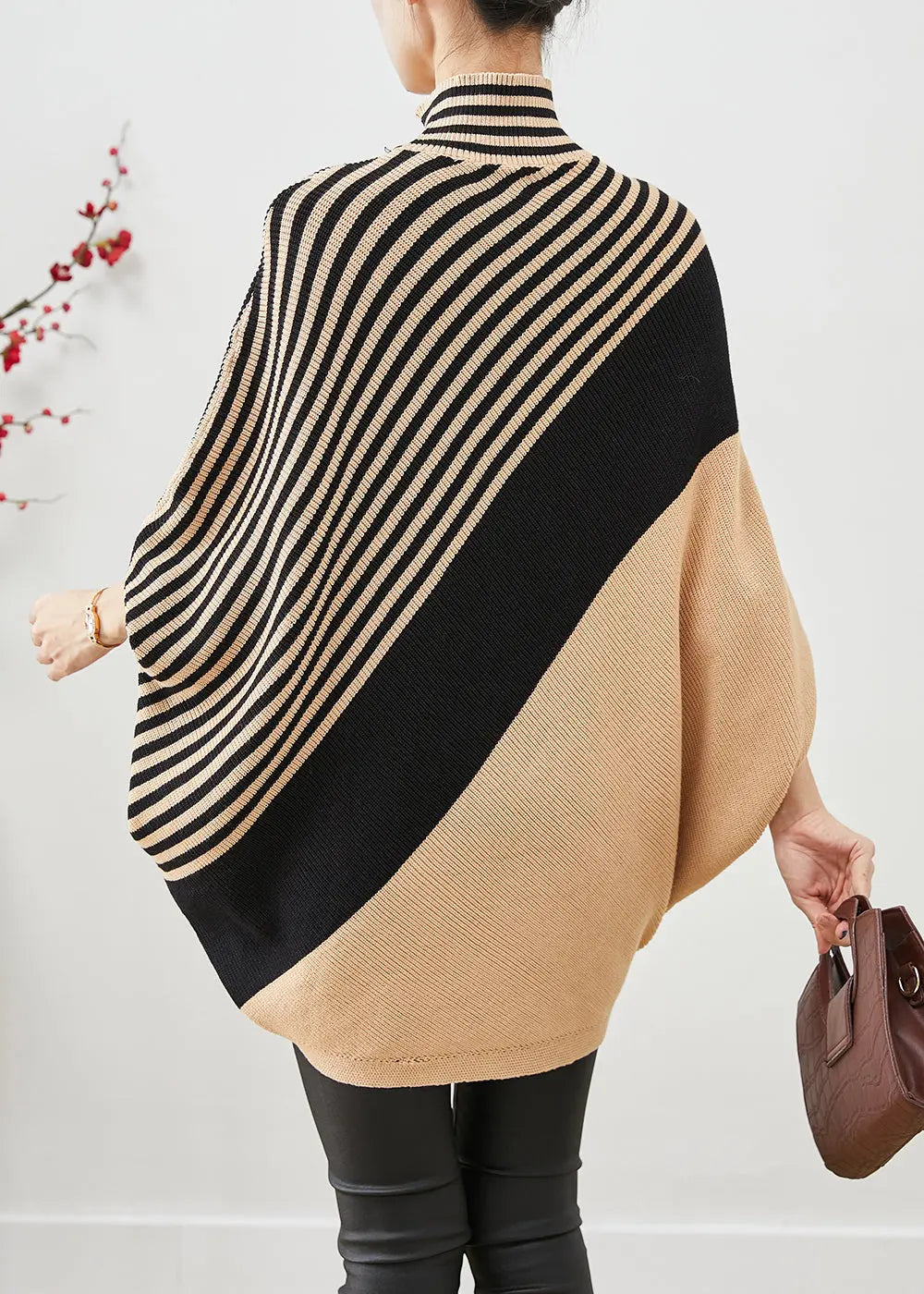 Unique Khaki Oversized Patchwork Striped Knit Sweater Tops Winter Ada Fashion