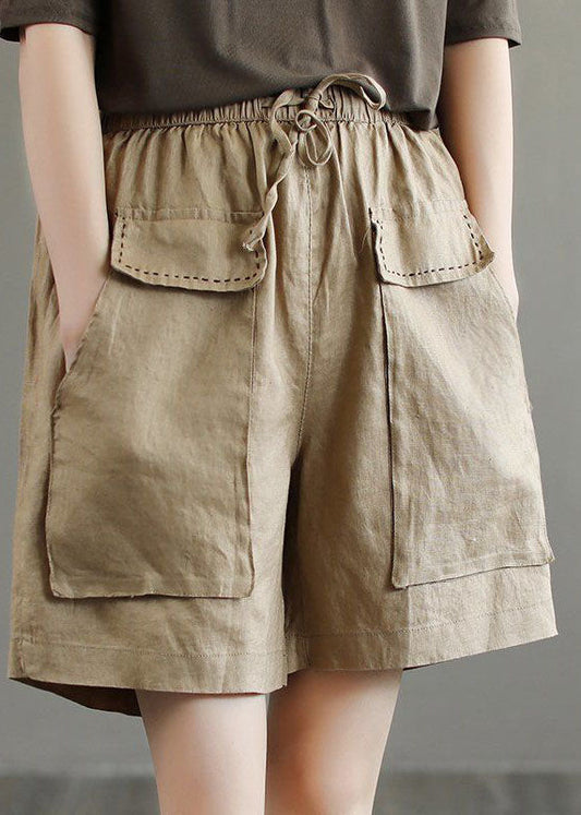 Unique Khaki Pockets Patchwork Linen Shorts Summer LY0205 - fabuloryshop