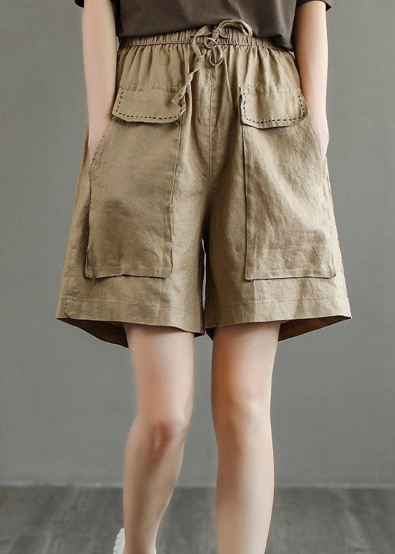 Unique Khaki Pockets Patchwork Linen Shorts Summer LY0205 - fabuloryshop