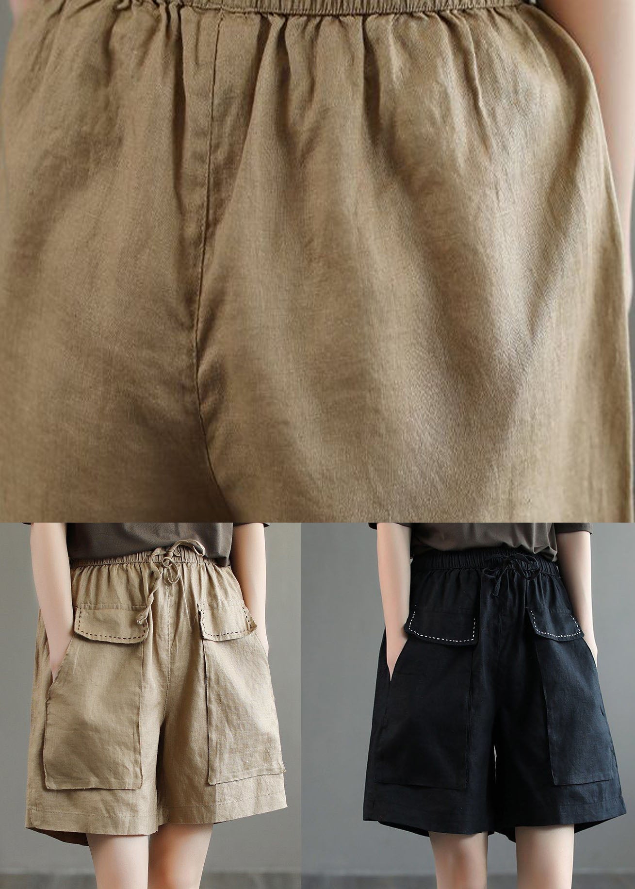 Unique Khaki Pockets Patchwork Linen Shorts Summer LY0205