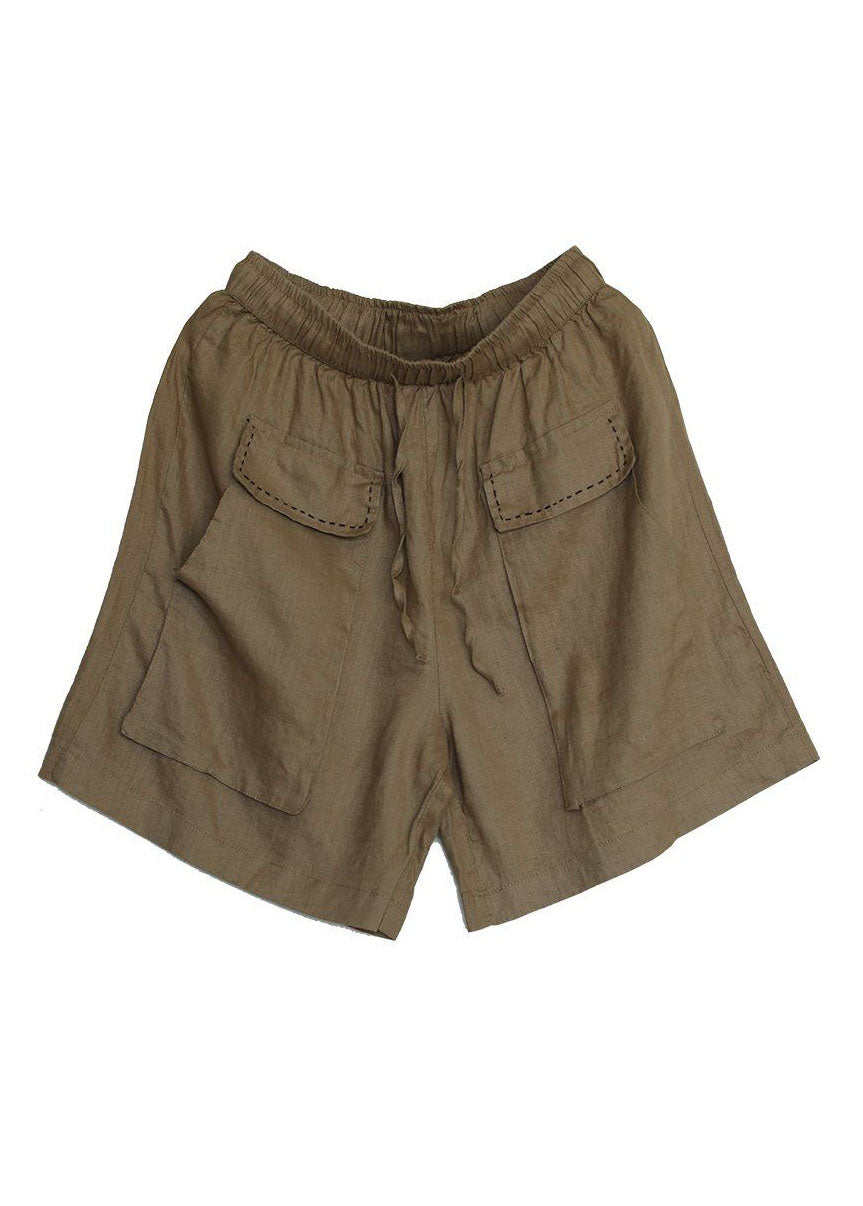 Unique Khaki Pockets Patchwork Linen Shorts Summer LY0205 - fabuloryshop