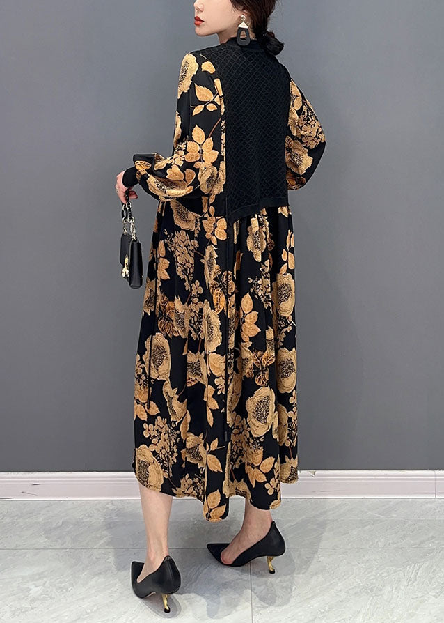 Unique Khaki Print Knit Patchwork Chiffon Dresses Lantern Sleeve LY1586 - fabuloryshop