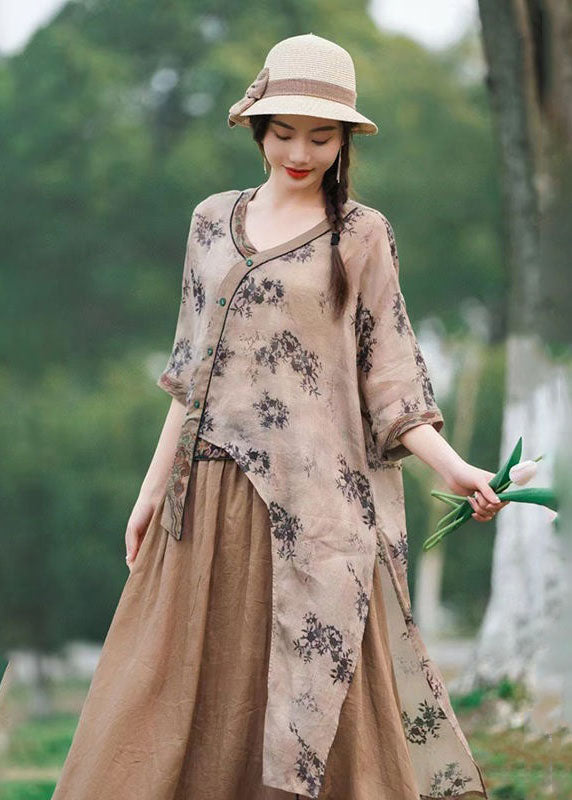 Unique Khaki Print Side Open Patchwork Linen Top Summer LY2509 - fabuloryshop