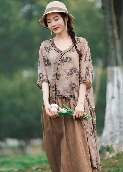 Unique Khaki Print Side Open Patchwork Linen Top Summer LY2509 - fabuloryshop