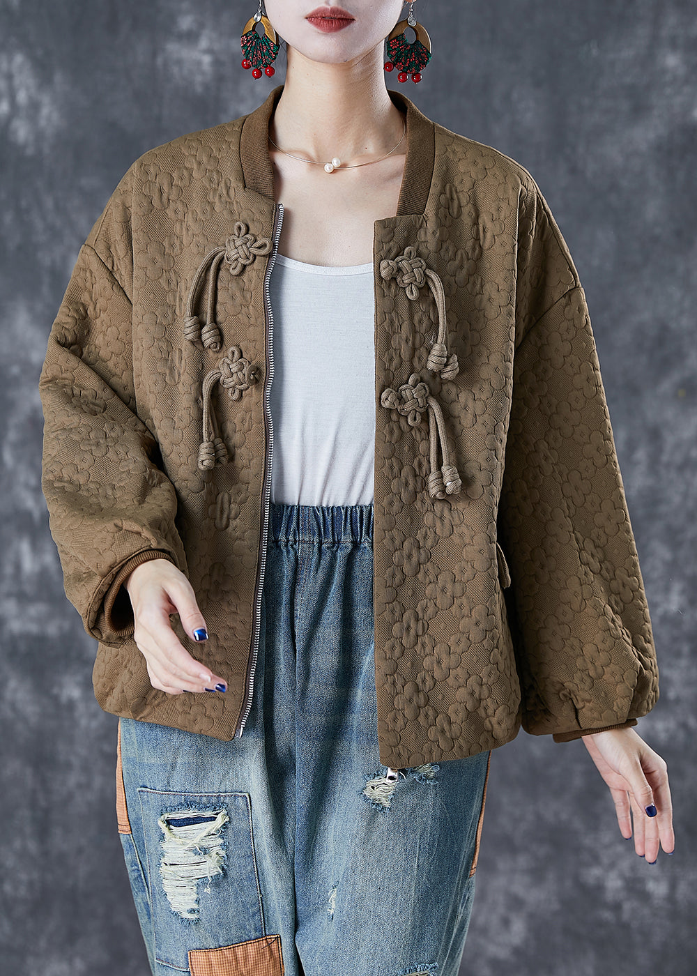 Unique Khaki Tasseled Jacquard Cotton Jacket Fall Ada Fashion