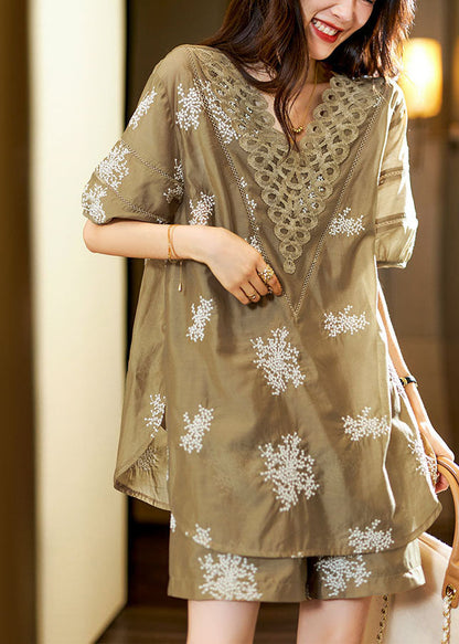 Unique Khaki V Neck Embroideried Chiffon Top And Shorts Two Pieces Set Summer Ada Fashion