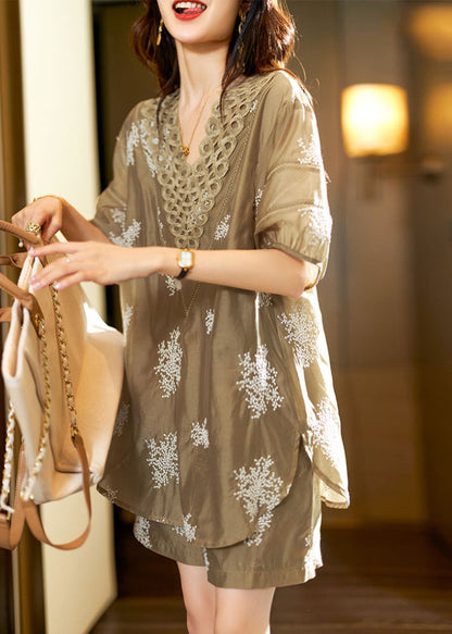 Unique Khaki V Neck Embroideried Chiffon Top And Shorts Two Pieces Set Summer Ada Fashion