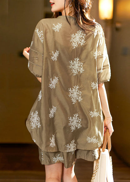 Unique Khaki V Neck Embroideried Chiffon Top And Shorts Two Pieces Set Summer Ada Fashion