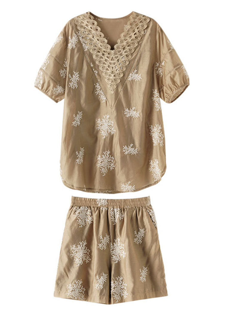Unique Khaki V Neck Embroideried Chiffon Top And Shorts Two Pieces Set Summer Ada Fashion