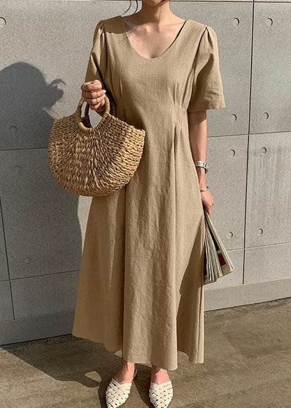 Unique Khaki V Neck Wrinkled Patchwork Cotton Dress Summer LY1983 - fabuloryshop