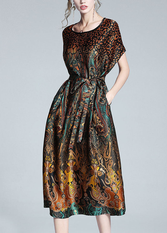 Unique Leopard O Neck Tie Waist Patchwork Silk Dress Summer LY1059 - fabuloryshop