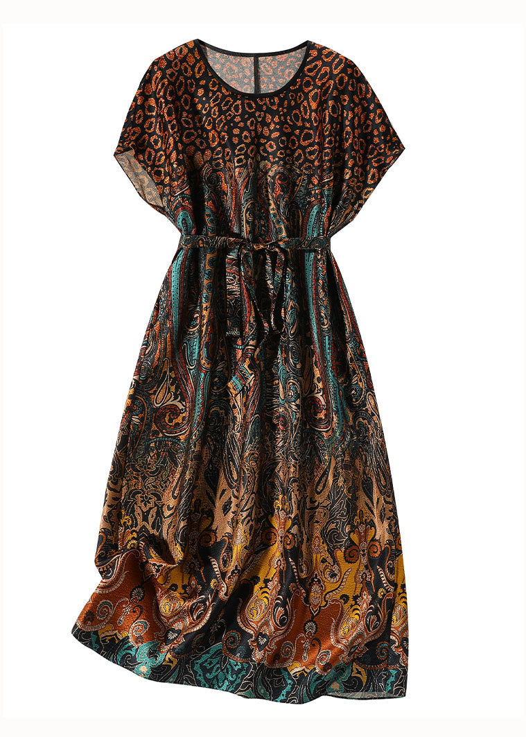 Unique Leopard O Neck Tie Waist Patchwork Silk Dress Summer LY1059 - fabuloryshop