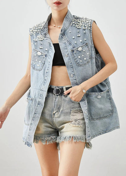 Unique Light Blue Oversized Pearl Pockets Denim Vest Fall Ada Fashion