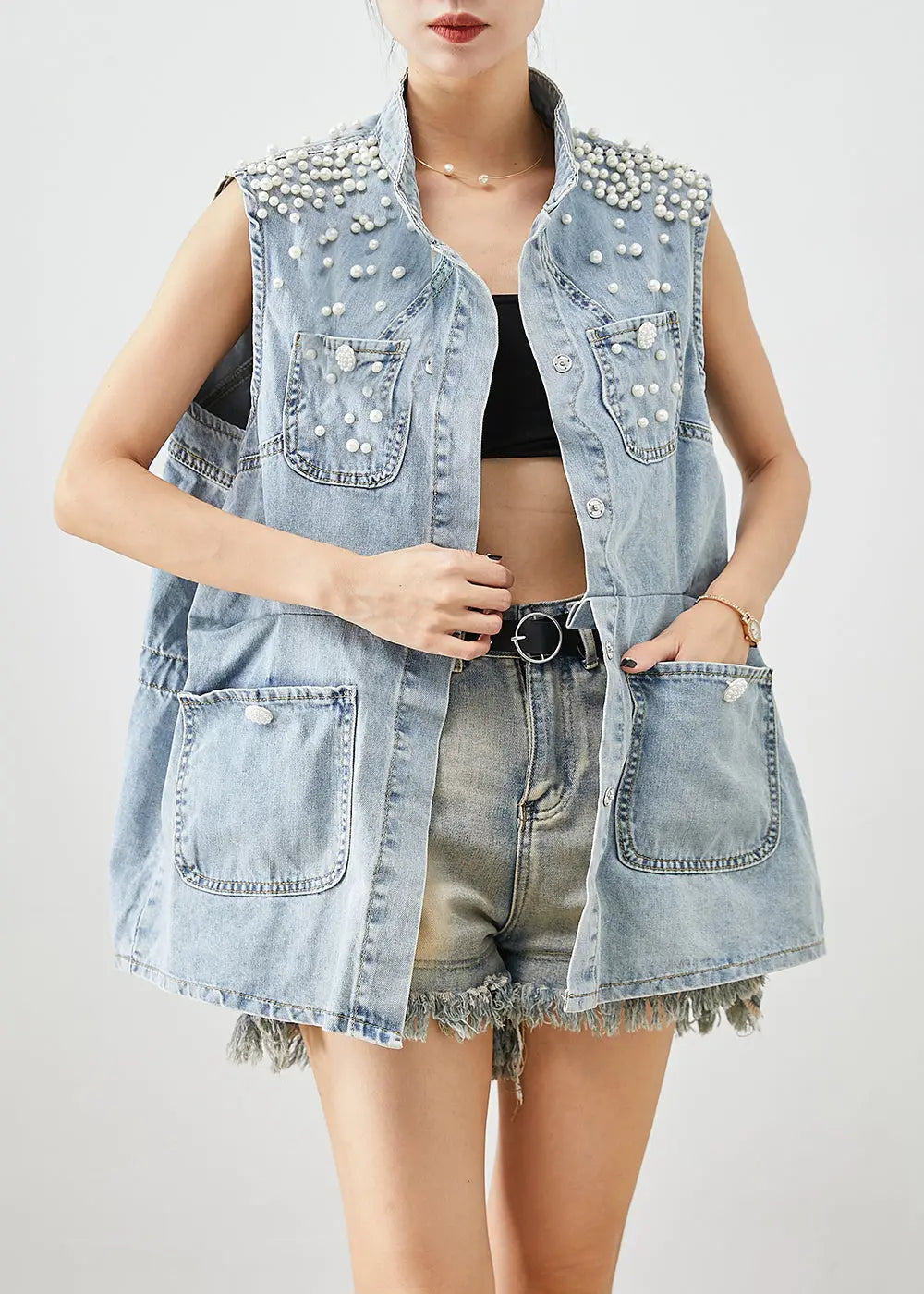 Unique Light Blue Oversized Pearl Pockets Denim Vest Fall Ada Fashion