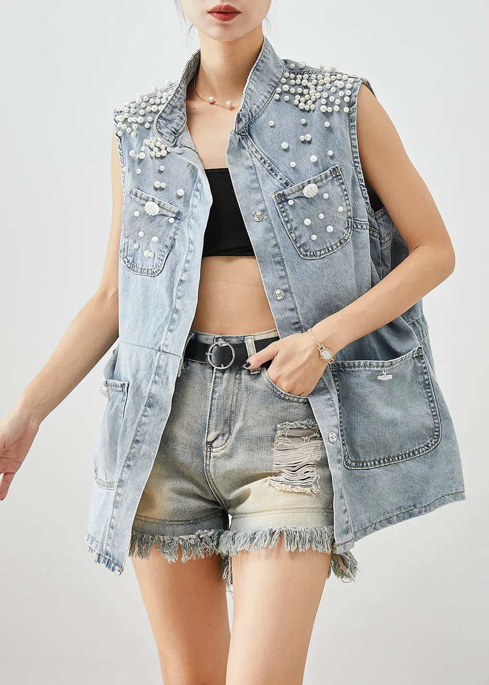 Unique Light Blue Oversized Pearl Pockets Denim Vest Fall Ada Fashion