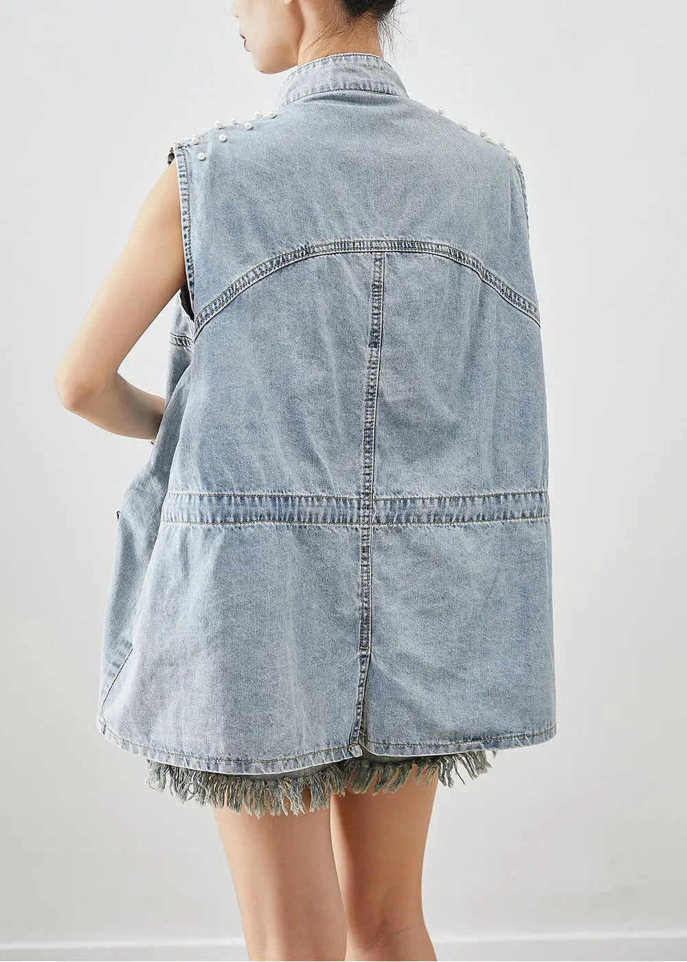 Unique Light Blue Oversized Pearl Pockets Denim Vest Fall Ada Fashion