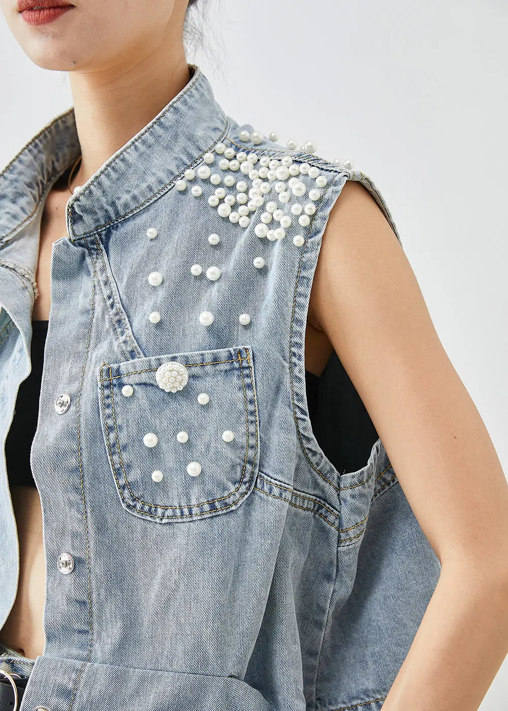 Unique Light Blue Oversized Pearl Pockets Denim Vest Fall Ada Fashion