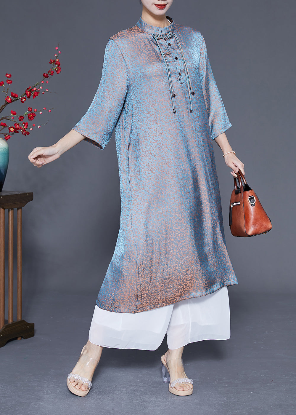 Unique Light Blue Stand Collar Tassel Gradient Color Silk Dresses Bracelet Sleeve LY1859 - fabuloryshop