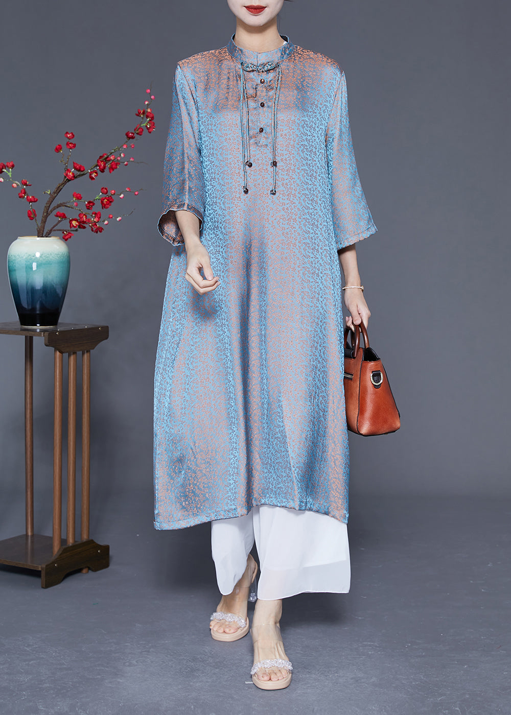 Unique Light Blue Stand Collar Tassel Gradient Color Silk Dresses Bracelet Sleeve LY1859 - fabuloryshop