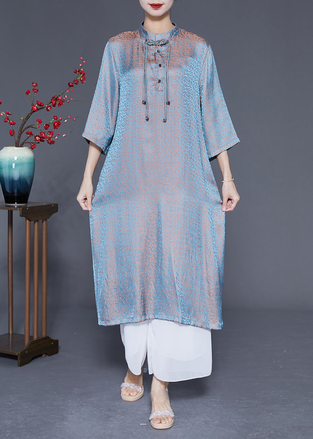 Unique Light Blue Stand Collar Tassel Gradient Color Silk Dresses Bracelet Sleeve LY1859 - fabuloryshop