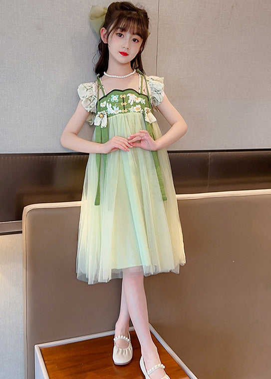 Unique Light Green Embroideried Tassel Patchwork Tulle Long Dress Short Sleeve LY5435 - fabuloryshop