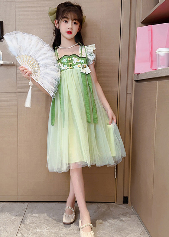 Unique Light Green Embroideried Tassel Patchwork Tulle Long Dress Short Sleeve LY5435 - fabuloryshop